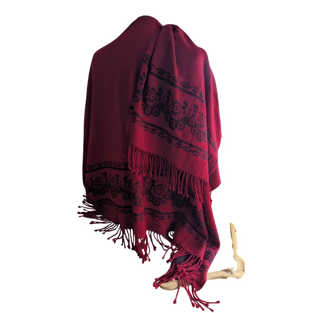 Inka's Art Red Black Cotton Blend Fringe Poncho Wrap Handmade in Ecuador